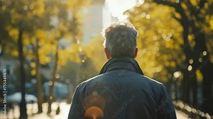Man walking in the street in autumn, back view, rear view