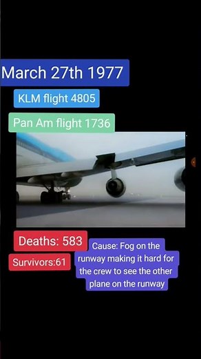 KLM and Pan Am Boeing 747's collide on the runway at Tenerife Airport, 27th March 1977 #planecrash