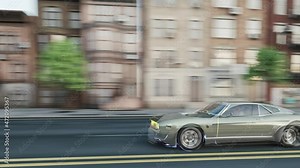 The concept of the modern world. Moving to the future. Old and new city concept. Concept of the future. Retro car on city streets. Retro futuristic city. Car driving to the future. 3d visualization