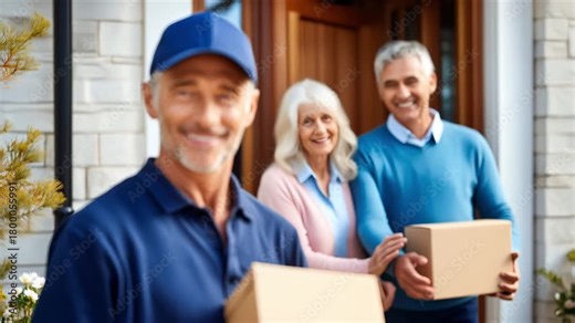 Courier delivers package to senior couple. Delivery man brings parcel home. Elderly pair receives shipment together. Mature customers accept order. Home delivery service for retired citizens.