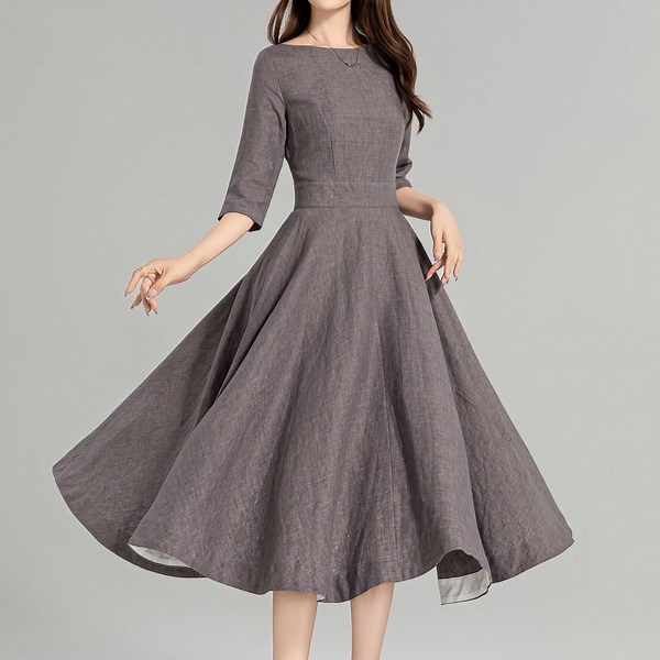 Linen Dress, Modest Midi Dress, Half Sleeve Linen Swing Dress, Womens Linen Dress, Fit and Flare Dress, Custom Party Dress, Xiaolizi 4961 - Etsy