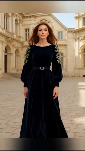 Royal Midnight Blue Velvet Gown – Elegant Long Sleeve Embroidered Maxi Dress
