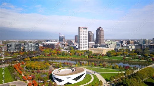 Aerial view of Downtown Columbus skyline, capitol of Ohio state, during autumn time on a cloudy day