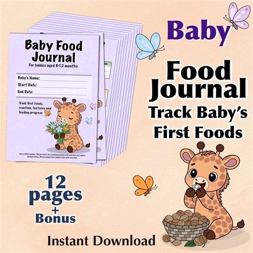 Giraffe Baby Food Journal Printable | A4 and US Letter PDF   White Background Bonus | First Foods & Feeding Journal 6–12 Months - Etsy