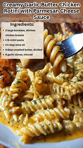 Creamy Garlic Butter Chicken Rotini with Parmesan Cheese Sauce Ingredients 3 large boneless, skinless chicken breasts, cut into thick strips 1 lb rotini pasta 1½ tbsp olive oil 6 tbsp unsalted butter, divided 6 garlic cloves, minced 2¼ tsp Cajun seasoning ¾ tsp smoked paprika Salt & black pepper, to taste 1½ cups heavy cream ¾ cup low-sodium chicken broth 4½ oz Velveeta cheese, cubed ¾ cup shredded mozzarella 1 cup freshly grated Parmesan 3 oz cream cheese, softened ¾ tsp Italian seasoning 3 tbs