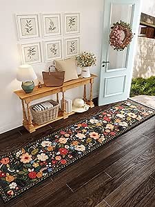 Rugcomf Runners for Hallways Kitchen Rug Non Slip 2'x 10' Long Washable Runner Rugs with Rubber Backing Soft Floral Carpet Runner for Hallways, Kitchen, Laundry, Bedroom, Bathroom(Black)