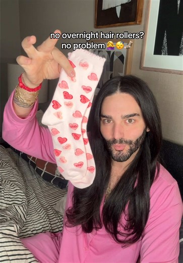 like sock curls but make them sock hair rollers 💁‍♀️💁‍♀️ and yes i got valentine socks for this to match my valentine jammies!! pijamas @solibeech heart socks @American Eagle hair serum @Nexxus Hair Care