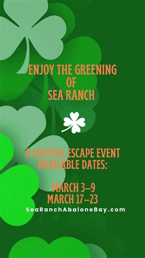 🍀 The Greening of Sea Ranch is here. Emerald bluffs. Blooming wildflowers. Discounted green-fees. Cozy fires, and.. ☘️ 17% off select March stays between March 3–9, March 17–23 Your lucky oceanfront escape awaits. Use Code 👉 LUCKY17 #MarchMadness #Golf #HarborSeals #SeaRanch #OceanfrontRetreat #DogFriendlyLuxury #BookDirect Media Description: Video shows scenes of Sea Ranch in early spring with flowers, ocean coves, newborn harbor seal pups with moms,
