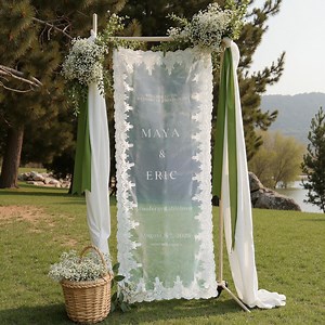Wedding Fabric Welcome Sign, Modern Laced Sheer Wedding Welcome Sign, Custom Linen Wedding Sign, Boho Romantic Wedding Welcome Sign - Etsy