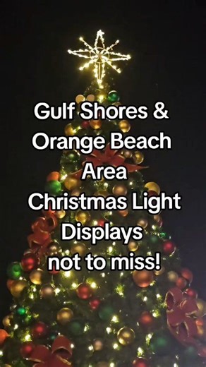 Gulf Shores & Orange Beach Area Christmas Light Displays not to miss! 🎄 OWA synchronized tree show starting every 30 minutes from 5-8 pm December 19-23rd. 🎅 7323 Raintree Lane Christmas Lights set to music 🎄 The Wharf Holiday Spectra Laser Light Show nightly 6pm and 7pm 🤶 15748 George Younce Road Unbelievable Christmas light display 🎄 Christmas Card Lane, Lake Shelby, Gulf State Park 🎁 Lorna Point Lane, Gulf Shores Entire neighborhood street lit up with lights and inflatables Which Christm