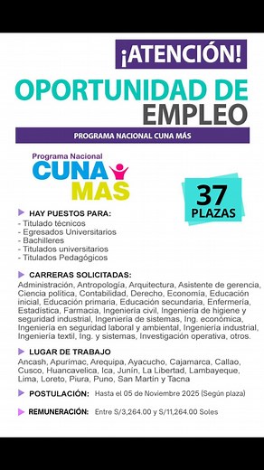 🚨Convocatoria 2025 Cuna más 👉 informate y postula aqui 👇👇 https://postulacionesdetrabajo.com/ #empleo #trabajo #Lima #peru | Convocatorias Peru