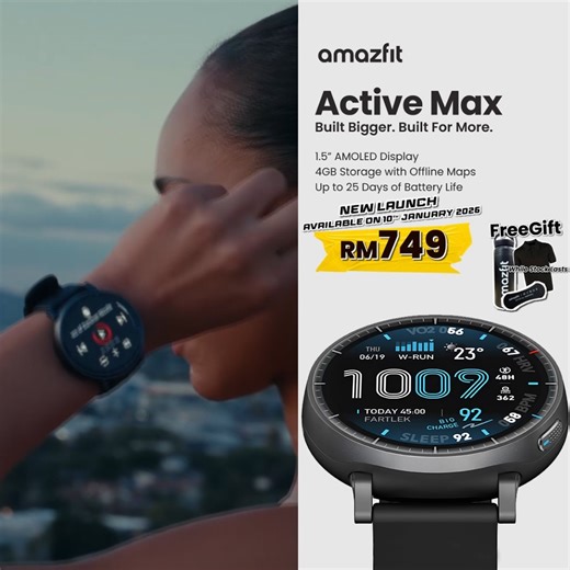 GO BEYOND THE BASICS with Amazfit Active Max! 🚀 🔥 LAUNCH DEAL: Get it for only RM699 (SRP: RM749) 🎁 EXTRA PERKS: RM50 OFF voucher FREE gifts (Limited Stock!) Available now at Web: https://timekeeper.store/products/active-max Shopee: https://bit.ly/shopee-activemax TikTok Shop: https://bit.ly/tiktok-activemax The wait is over. Whether you're crushing your first 5K or hitting the trails this weekend, the Amazfit Active Max is built to turn your effort into results. Vivid 1.5” AMOLED Display – S