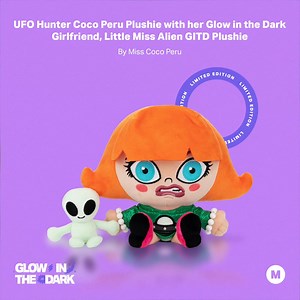 She arrives back to Earth today! Coco UFO Hunter with her girlfriend, Little Miss Alien (she glows in the dark, the showoff!) On sale for 3 weeks only and shipped in March! https://www.makeship.com/products/ufo-hunter-coco-peru-plushie-with-her-glow-in-the-dark-girlfriend-little-miss-alien | Miss Coco Peru