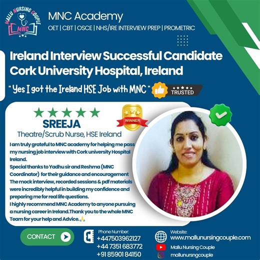 Yadukrishna BaijuKala -MNC on Instagram: "🧿Yes!! I got the IRELAND HSE JOB WITH MNC🇮🇪🥳 🥳Sreeja has cleared her Scrub/Theatre Nurse Interview at Cork University Hospital HSE Foundation Trust. She’s currently working as a Registered Nurse in Oman. Struggled a lot to clear an interview after getting her NMBI Registration/DL. This was her 1st Interview after joining with MNC Academy and she nailed it!! MNC Team are so proud in your achievement and grateful to be a part of your wonderful journey