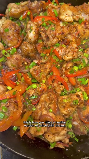 Salted chilli chicken 400-500g chicken thighs cut into bite size 2 tbsp cornflour Half tsp salt Half tsp white pepper Half tsp garlic powder Salt & Pepper Mix 1 tsp sea salt 1 tsp white pepper Half tsp five-spice Sugar (just a pinch to balance, not sweetness) Stir-Fry Finish 1 tbsp 4 cloves garlic, finely sliced 1 red chilli, sliced (or chilli flakes) 2 spring onions, sliced 1 red pepper, sliced 1 onion, sliced Mix chicken with cornflour, salt, white pepper and garlic powder. You want it lightly