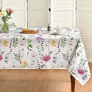 Horaldaily Spring Summer Tablecloth 52x70 Inch Rectangular, Yellow White Purple Daisy Floral Table Cover for Party Picnic Dinner Decor