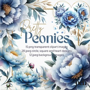 Blue Peonies Watercolor Peonies, Background Paper and Clipart, Scrapbooking, Flower Paper and Clipart. - Etsy