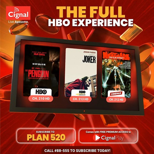 🎬 Unlock the Complete HBO Experience with Cignal Postpaid Plan 520! 📺✨​ Dive into the world of blockbuster movies, award-winning series, and exclusive HBO content—all for just ₱520/month.​ Call #88-555 today and bring the ultimate entertainment experience to your screen!​ ​ #LiveAwesome | Cignal