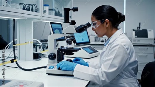 Female scientist in modern laboratory using microscope, focused clinical research workflow for diagnostics and biotech analysis, calm professional mood for medical innovation and lab safety