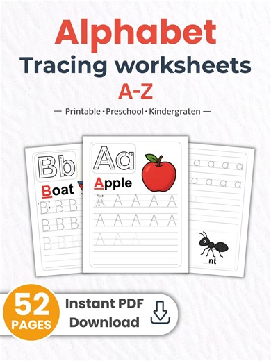 Alphabet Tracing Worksheets A–Z | Printable ABC Handwriting Practice for Preschool & Kindergarten | Letter Writing Workbook PDF Download - Etsy