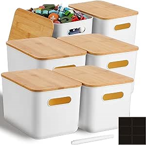 Geosar 6 Pcs Storage Bins with Bamboo Lids Plastic Storage Containers Stackable Box with and Handle with 6 Labels and Marker for Organizing Toys and More, 10.1x7x6.69 In(White,Classic)