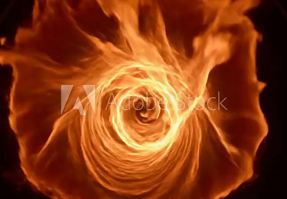 A swirling vortex of fiery flames engulfs the dark space with intense heat and energy.