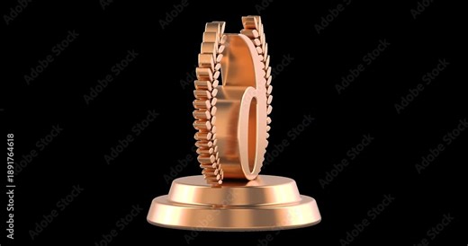Golden number 6 trophy with laurel wreath rotation animation seamlessly loopable. 3D rendering isolated on transparent background