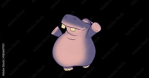 A cartoon chubby hippopotamus looping walk cycle in color. It is hand drawn animation on 2's at 12 frames per second and doubled to 24 for a traditional look. Features an alpha channel.