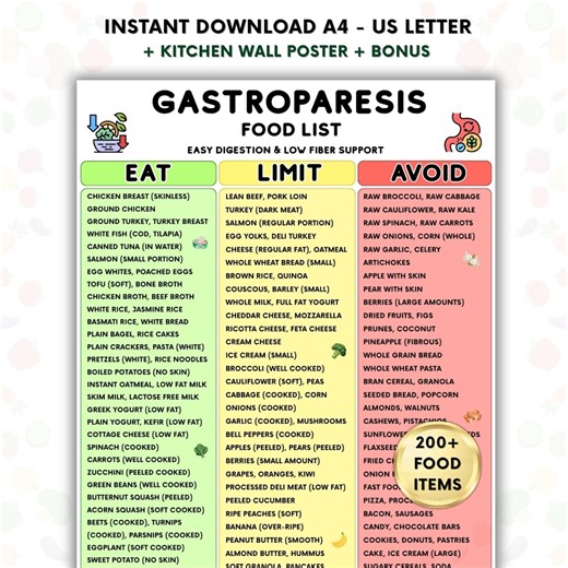 Gastroparesis Diet Food List Printable, Low Fiber Easy Digestion Foods, Eat Limit Avoid Chart, Stomach Emptying Support Guide PDF - Etsy