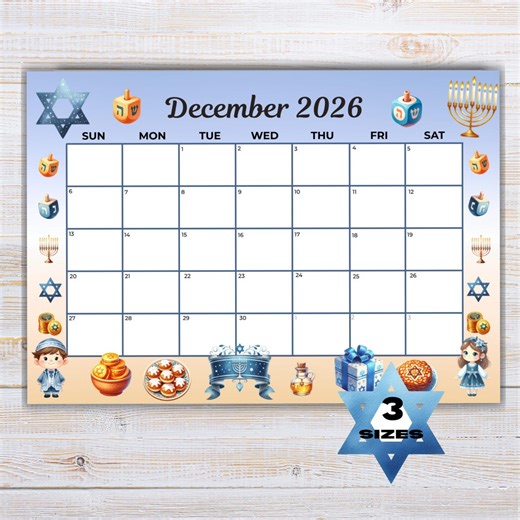 December 2026 Hanukkah Calendar Printable, Monthly Planner Calendar, Annotate on iPad or Tablet, Desk Calendar - Etsy