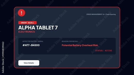 Electronics product recall dashboard for tablet device highlighting potential battery overheat risk safety warning