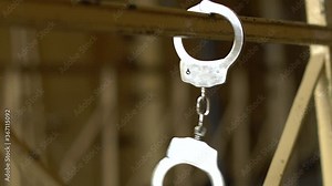 Handcuffs swinging on the handrail on a prison or arrest background. Concept: problems with the law, criminal, offenses, waiting for the verdict of the judge. Stock Video