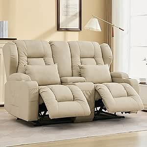 IPKIG 65.3" RV Loveseat Recliner Sofa with Storage Console, Leathaire Fabric Wall Hugger Reclining Chair with Cup Holders and Side Pockets, Home Theater Seating Manual Recliner for Living Room (Beige)