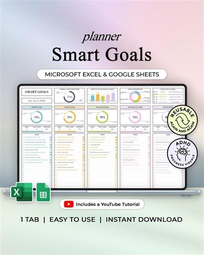 Smart Goals Tracker - Goal Planner - Excel & Google Sheets Template - Pastel Theme - Instant Download - Etsy