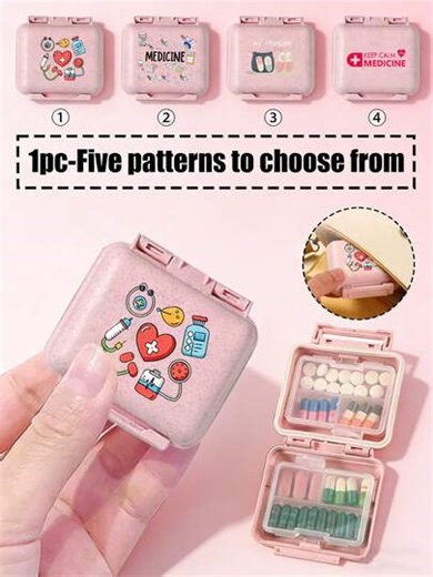 Cute Printed 8-Slot Portable Pill Box, Mini Waterproof Travel Medicine Storage Box With Safety Lock, Suitable For Storing Vitamins, Nutritional Supplements, Pills And Daily Medications, Ideal For Travelers, Students, Office Workers, Parents And Gifts, Perfect For Commuting, Business Trips, Vacations, Camping, Can Be Used As A Pill Box, Vitamin Storage Box, Travel Medicine Container Medicine Bag Pill Case Pill Containers Hospital Bag First Aid Kit Medicine Organizer Medicine Storage Bag Cruise Es
