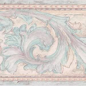 CONCORD WALLCOVERINGS ™ Ornate Scroll Wallpaper Border, 9.5" x 15' Elegant Scrollwork & Damask Pattern, Muted Turquoise & Cream Palette, Prepasted Washable Vinyl for Classic Rooms #DW5151B
