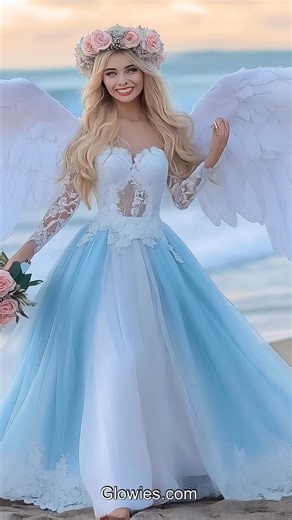 16K views · 704 reactions | Angel wing bridal dresses are soft, pretty, and look like something from a dream. The big wings on the back make the bride look like a real angel, and the dress flows gently when she walks. The beach is a perfect place for taking wedding photos with your wings. The ocean breeze helps the wings float, and the waves and sky look so beautiful in the background. It feels like a magical fairy tale by the sea! | Glow Lockets by Monique Lula | Facebook