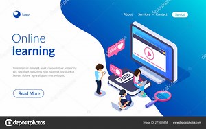 Conceito isométrico de aprendizagem online. Tutoriais em vídeo na tela de um computador ou telefone. Pessoas no fundo do monitor e um grande livro. Pode usar para banner web, infográficos, imagens de herói