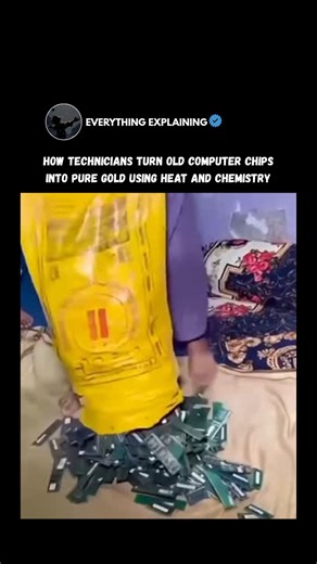 EVERYTHING EXPLAINING on Instagram: "Technicians turn old computer chips into pure gold by combining controlled heat and chemical processes to extract the precious metal. The chips are first heated to remove coatings and separate components, then treated with specialized chemicals that dissolve base metals while leaving gold behind. After purification and melting, the recovered gold is formed into a clean, usable state. This process recovers valuable resources from electronic waste while reducin