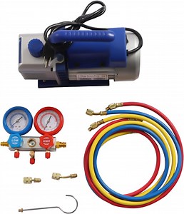 A/C Vacuum Pump & Manifold Gauge Set - Complete Auto AC Repair Kit with 1/4HP 150 Micron Pump, 3 Color Hoses for R134a/R410a - 110V Car Air Conditioning Service Tool