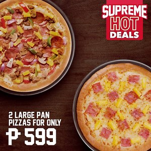 2.8K views · 20 reactions | Make it a stay-at-home weekend with Pizza Hut’s Supreme Hot Deals. You don’t have to go out of the house, just have it delivered! Get 2 Large Pan Pizzas for only P599! Visit www.pizzahut.com.ph now. #PizzaHutPH | Pizza Hut | Facebook