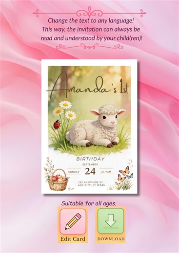 First Birthday Invitation, 1st Girl Card, Editable Baby Milestone Cards, Little Lamb Spring Animal Party Template for Kids, PRINTABLE Files - Etsy