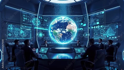 Futuristic Command Center: Global Strategy Meeting Holographic Earth