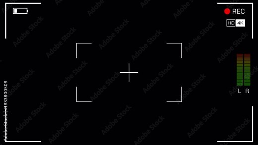 Camera Recording HUD Square Screen Overlay Alpha Channel Template Center Focus Frame Red REC HD 4K Battery Icon Audio Level Meter HUD Display Transparent Background