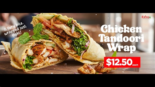 🔥 Get ready to spice up your taste buds with our brand-new Chicken Tandoori Wrap! 🌯✨ Made with a soft wrap, layered with fresh onions, lettuce, cucumbers, and tomatoes, drizzled with rich tandoori sauce, packed with tender chicken cooked in mouthwatering spices, topped with melty cheese, then grilled to golden perfection. One bite and you’ll taste the perfect mix of smoky, spicy, and cheesy goodness 🤤👌 The wrap you didn’t know you were craving – now at Extra Pantry! | Extra Supermarket