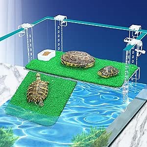 Turtle Basking Platform with Artificial Grass & Adjustable Ramp Non-Slip Large Dock for Aquatic Turtles Fits 0.31"-2.11" Thick Tanks Durable Acrylic Turtle Tank Accessories 15 Inch