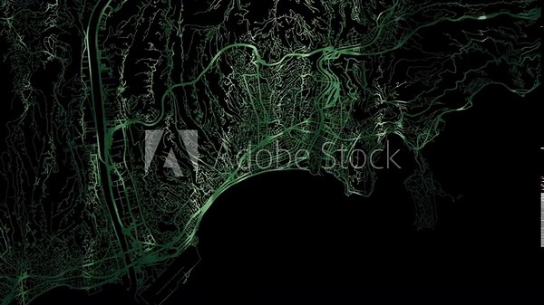 Zoom in road map of Nice France with green glowing roads on a black background.