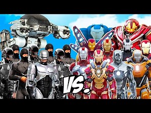 TEAM IRON-MAN SUITS vs ROBOCOP ARMY (Robocop 1987, ED 209) - EPIC SUPERHEROES BATTLE