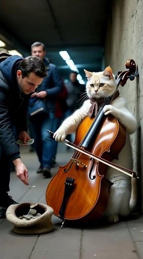 Cat Playing Cello | Street Performance in Underground Passage #cat #cute #wildliferescue