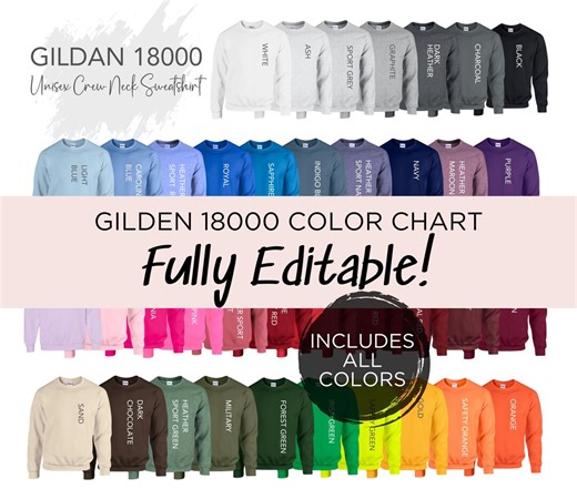 Editable Gildan 18000 Color Chart, Crew Neck Sweatshirt, 37 Colors - Etsy